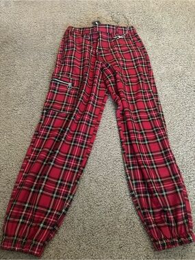 Hot Topic Red Plaid Cargo Jogger Pants with Chain Accent